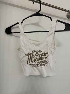 Garage White Ribbed Crop Tank with Brown Motorcycles Graphic